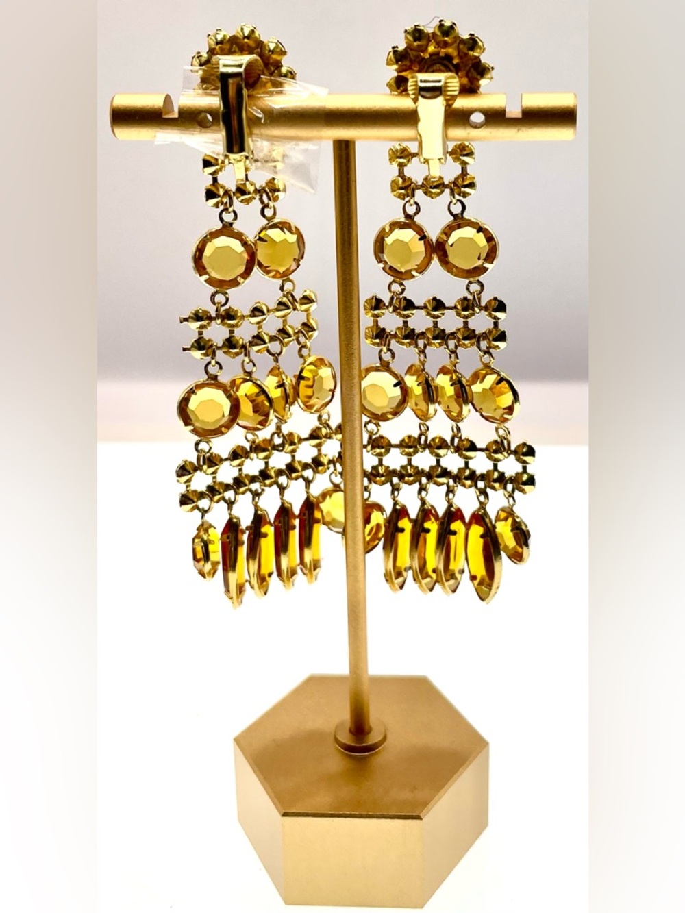 Vintage Amber Rhinestone Chandelier Earrings Gold Tone Statement Clip On - Picture 4 of 6